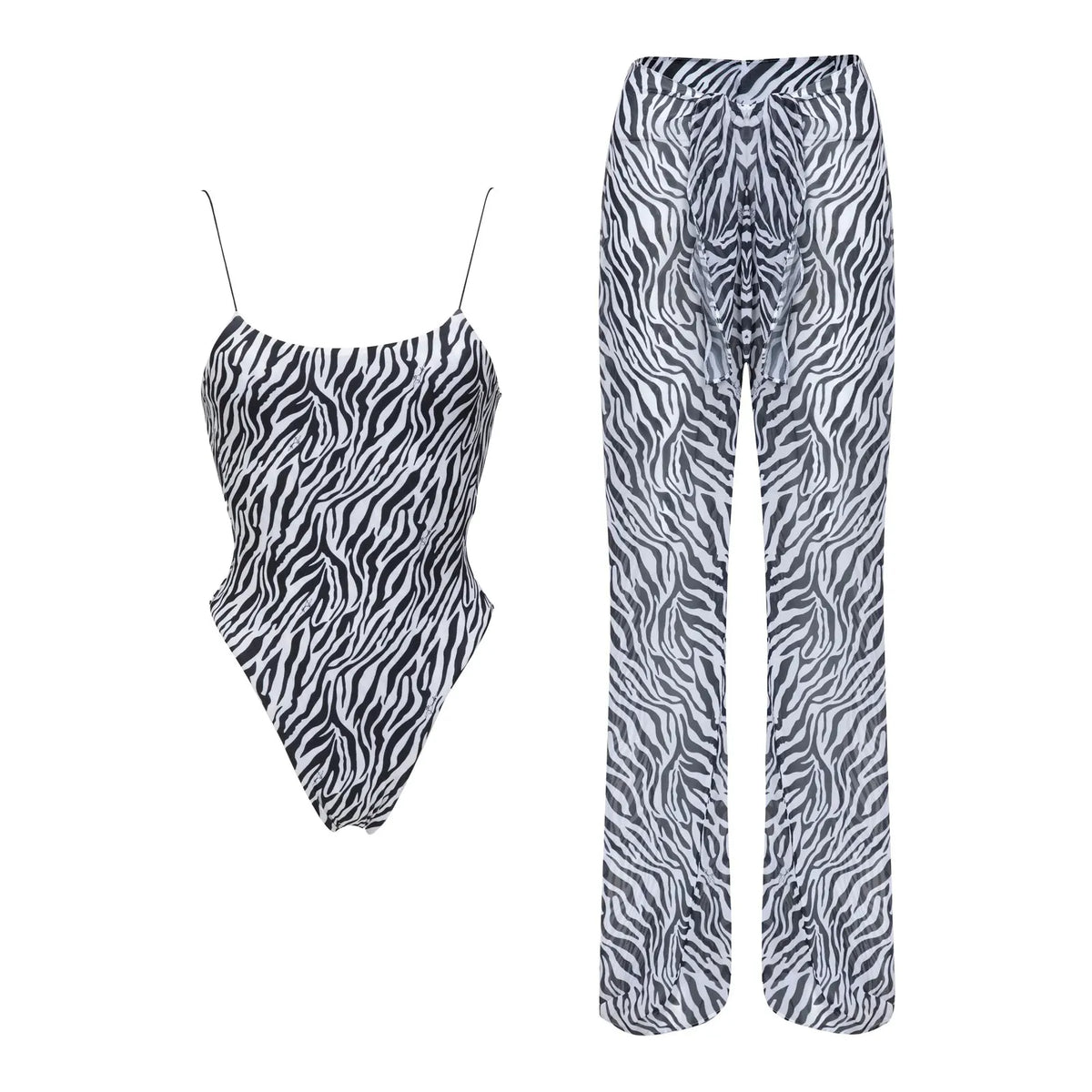 Three-Piece Zebra Print Swimwear Set with Matching Sheer Mesh Pants
