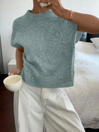 Women's Floral Crew Neck Knit Sweater with Relaxed Summer Short Sleeves