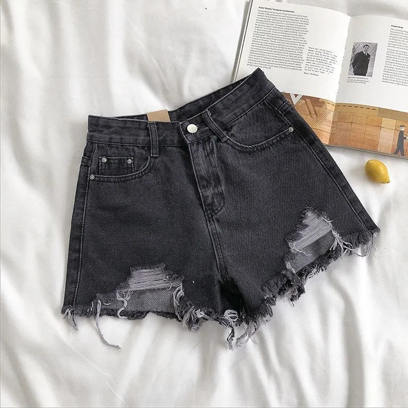 Women's Distressed Denim Style High Waist Frayed Hem Casual Streetwear Shorts with Pocket Design
