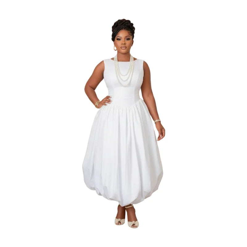Elegant White Sleeveless Midi Dress with Voluminous Bubble Hem