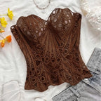 Intricate Brown Sheer Floral Lace Strapless Corset with Front Ribbon Tie