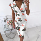 Form-Fitting Black Floral Midi Dress with Flutter Sleeves and Ruched Side Detailing