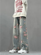 Unisex Floral Print Wide Leg Denim Jeans with Relaxed Streetwear Straight Leg Fit