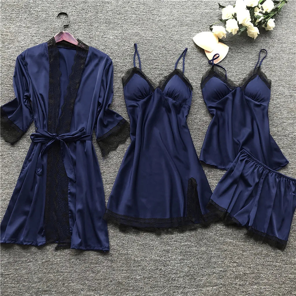 Women's Satin-Look Lace Lingerie Nightgown Set with Matching Robe, Sleeveless Mini Dress and Decorative Garter-Style Detail