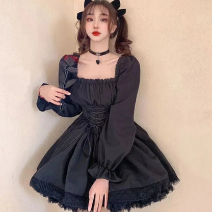 Anime Gothic Puff Sleeve Mini Dress with Dark Romantic Aesthetic