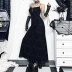 Dark Romantic Gothic Lace Maxi Dress with Delicate Strap Design