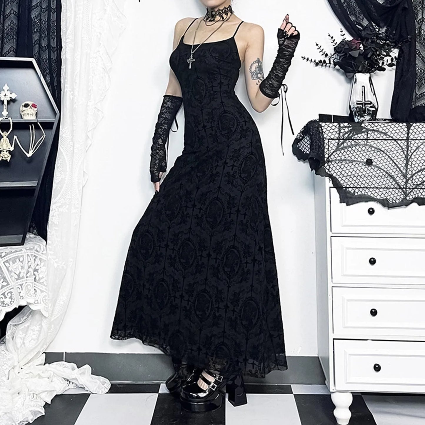 Dark Romantic Gothic Lace Maxi Dress with Delicate Strap Design