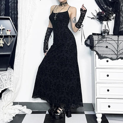 Dark Romantic Gothic Lace Maxi Dress with Delicate Strap Design