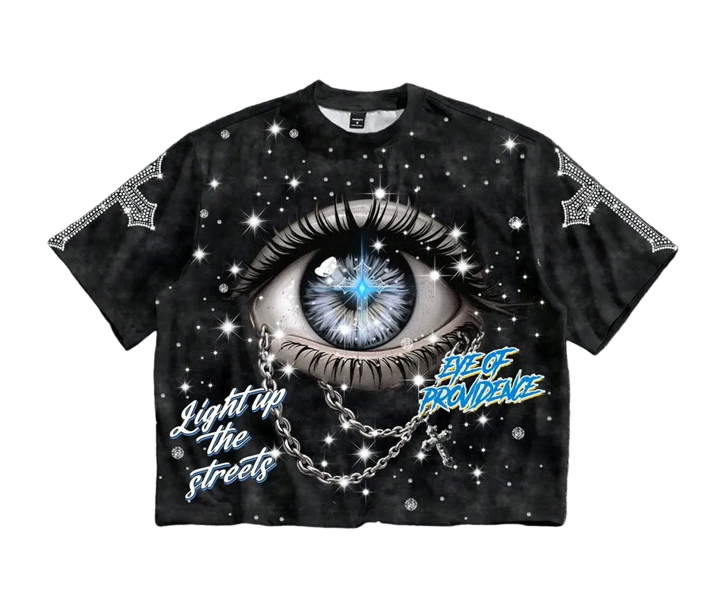 Graphic Eye Crop Tee with Cosmic Artwork and Boxy Streetwear Silhouette