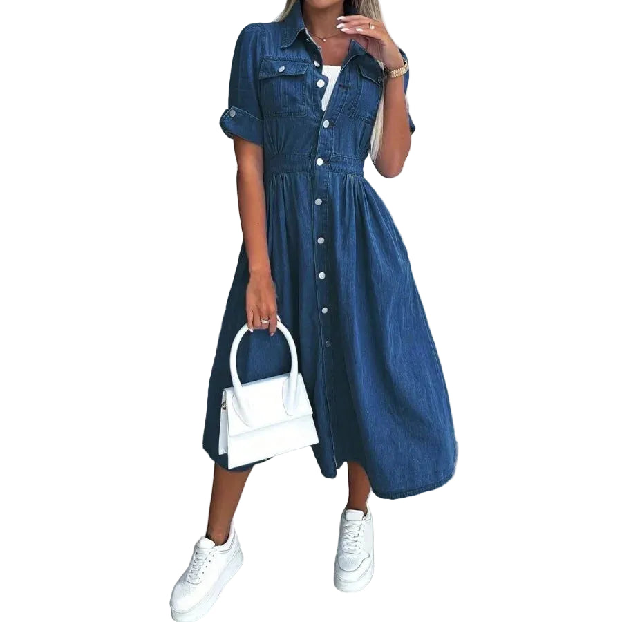 Button Front Denim Shirt Dress with Short Sleeves and Utility Pockets