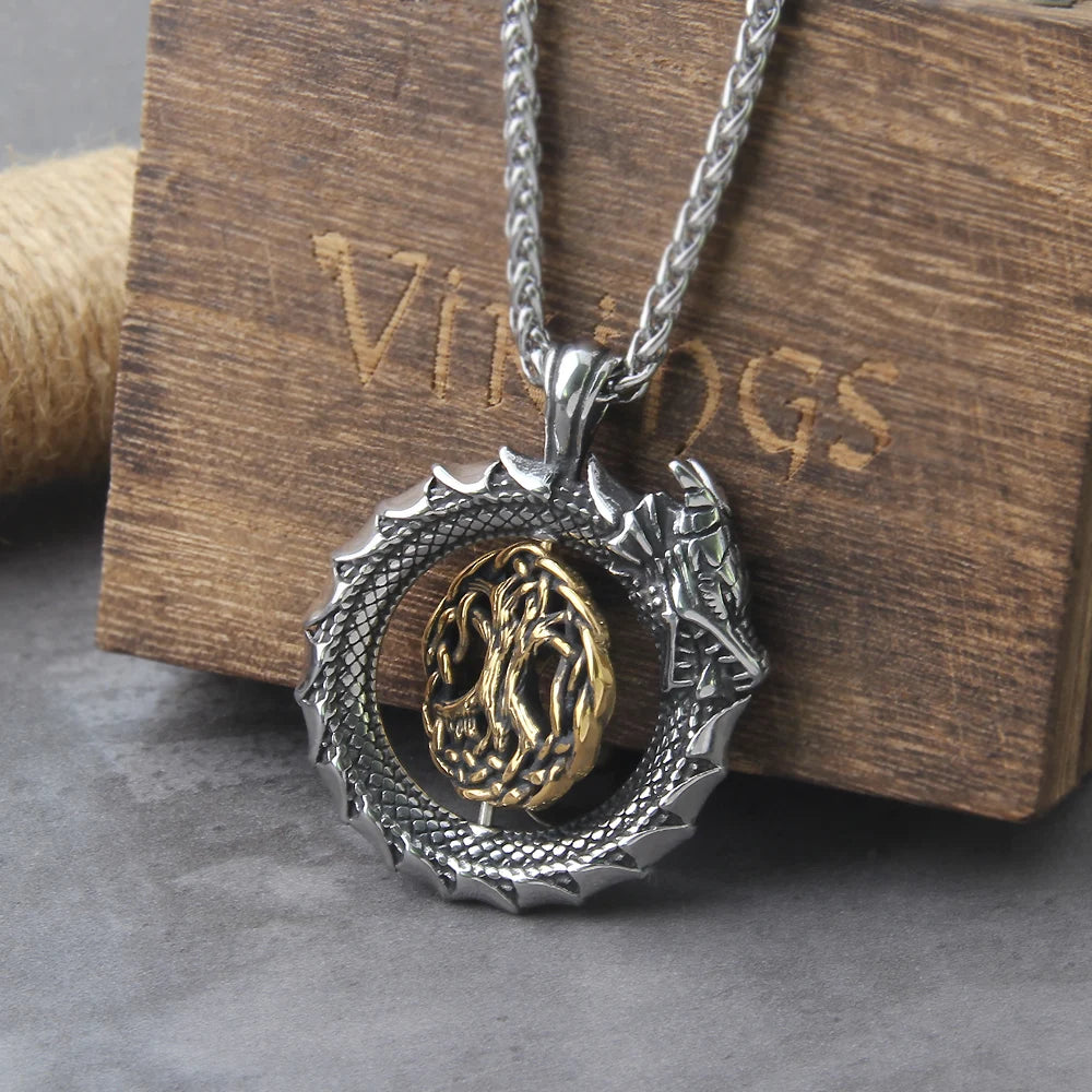 Ouroboros Tree Symbol Pendant Necklace with Mystical Alternative Statement Design
