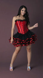 Theatrical Red and Black Striped Overbust Corset and Ruffled Tutu Skirt Set
