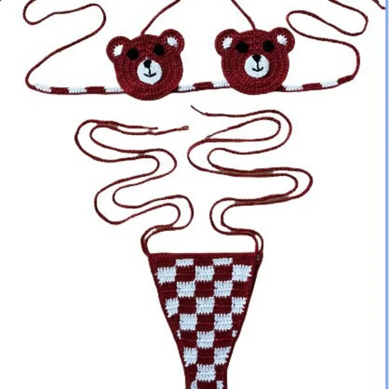 Red and White Crochet Micro Bikini with Bear Motif and Checkered Bottom