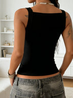 Women's Square Neck Slim Tank Top with Adjustable Strap Detail Contemporary Streetwear Style