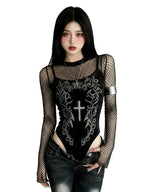 Velvet Printed Long Sleeve Gothic Bodysuit for Dark Aesthetic Fashion