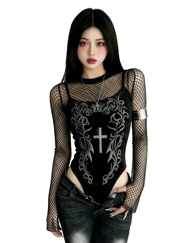 Velvet Printed Long Sleeve Gothic Bodysuit for Dark Aesthetic Fashion