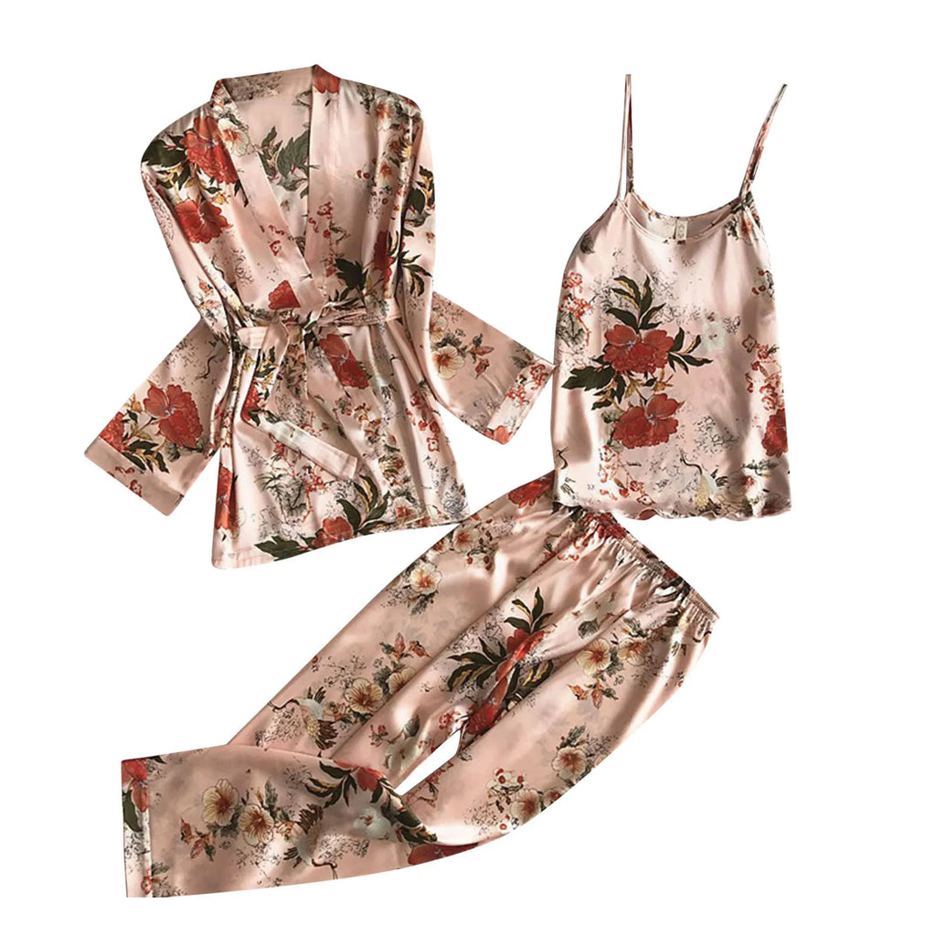 Elegant 3-Piece Floral Print Satin-Finish Loungewear Set with Robe, Cami, and Trousers