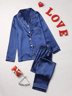 Classic Red Long-Sleeve Pajama Set with Tailored White Piping