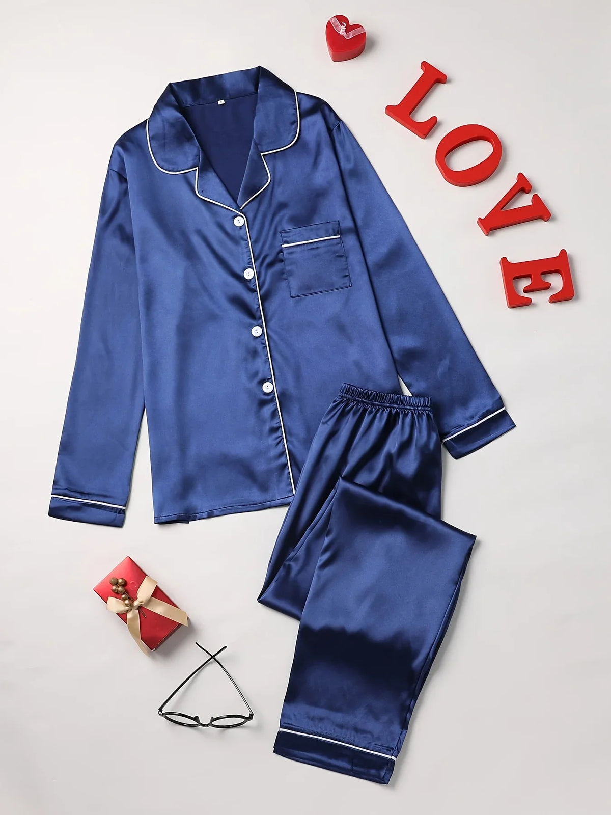 Classic Red Long-Sleeve Pajama Set with Tailored White Piping