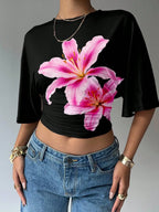 Batwing Sleeve Crop Tee with Relaxed Fit and Minimalist Casual Style
