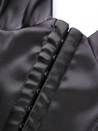 Sleek Black Satin Halter Bustier with Deep V-Neckline and Front Hook Closure