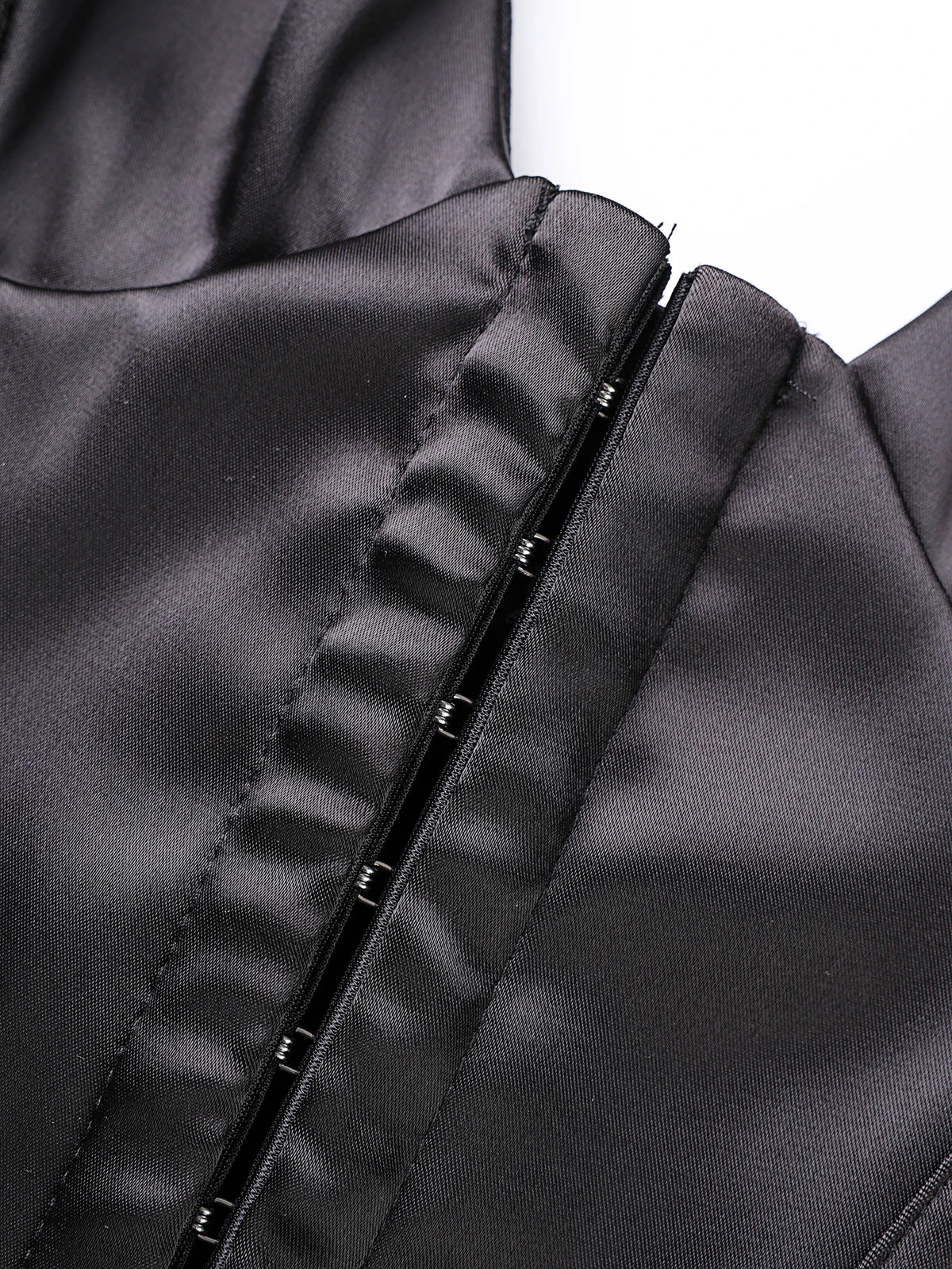Sleek Black Satin Halter Bustier with Deep V-Neckline and Front Hook Closure