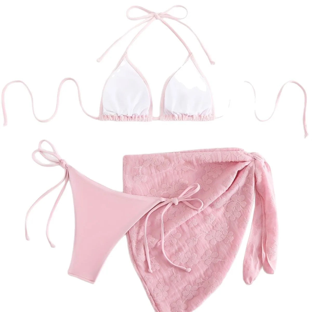 Bright Turquoise Three-Piece String Bikini Set with Matching Tie Sarong