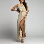 Sleeveless Maxi Dress with High Neck and Elegant Side Slit Design
