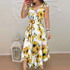 Floral Print Maxi Dress with Belt and Ruffled Swing Silhouette