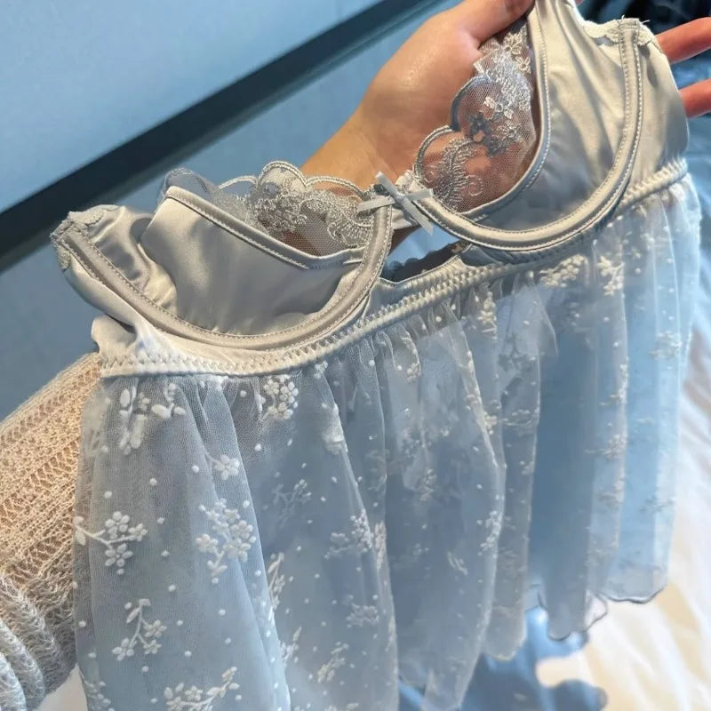 Icy Blue Sheer Floral Embroidered Babydoll Set with Ruffled Straps