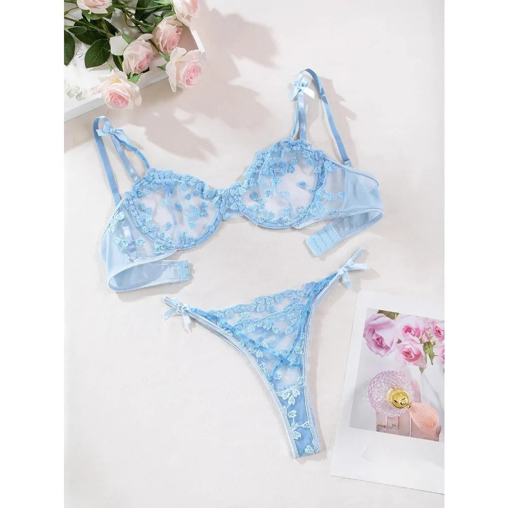 Light Blue Floral Embroidered Sheer Mesh Underwire Bra and Thong Set