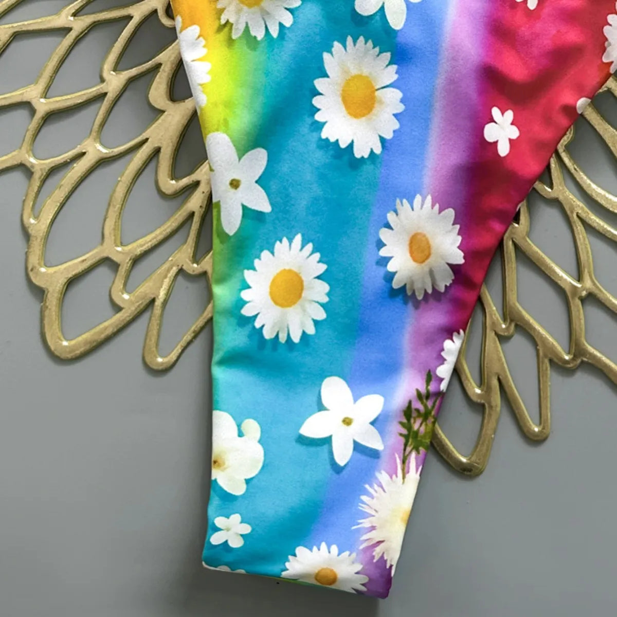 Vibrant Rainbow Daisy Print Triangle Bikini with Contrast Spotted Straps