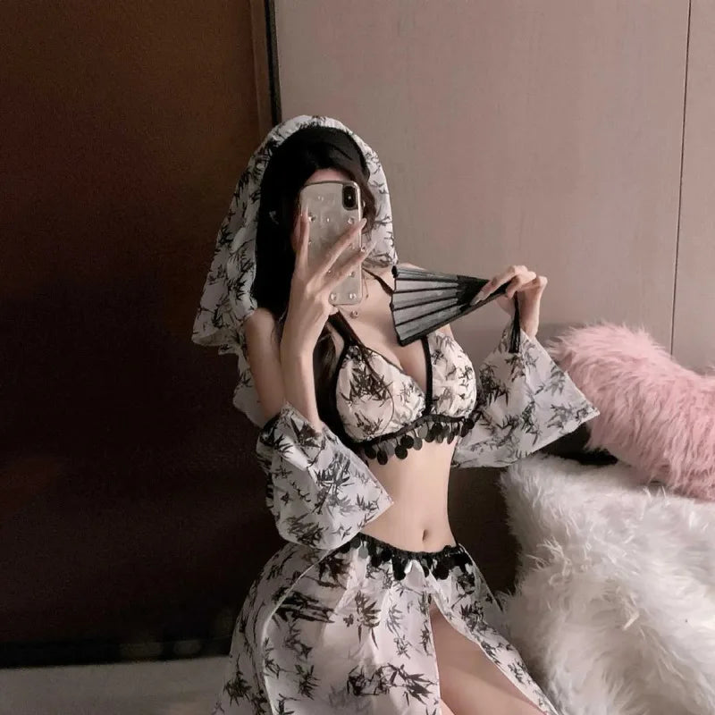 Sheer Floral Print Halter Set with Lace Trim and Matching Draped Headpiece