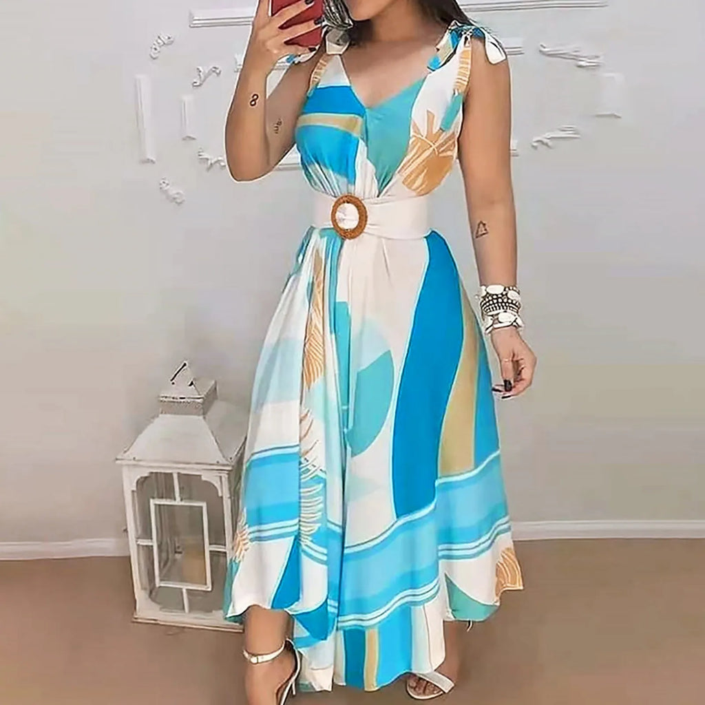 Floral Print Maxi Dress with Belt and Ruffled Swing Silhouette