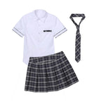 Classic Collegiate Plaid Pleated Skirt and White Button-Up Top Set with Matching Necktie