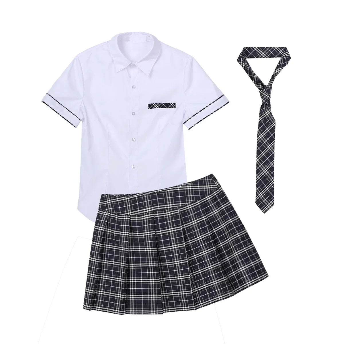 Classic Collegiate Plaid Pleated Skirt and White Button-Up Top Set with Matching Necktie