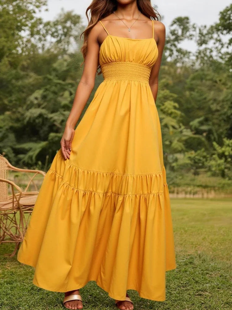 Vibrant Yellow Smocked Tiered Maxi Dress with Delicate Spaghetti Straps