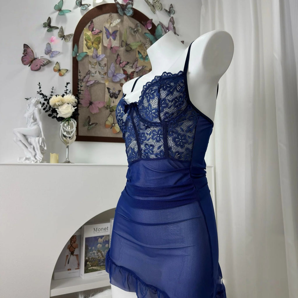 Deep Navy Corset-Style Sheer Mesh Chemise with Floral Lace Bodice
