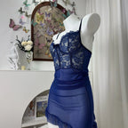 Deep Navy Corset-Style Sheer Mesh Chemise with Floral Lace Bodice
