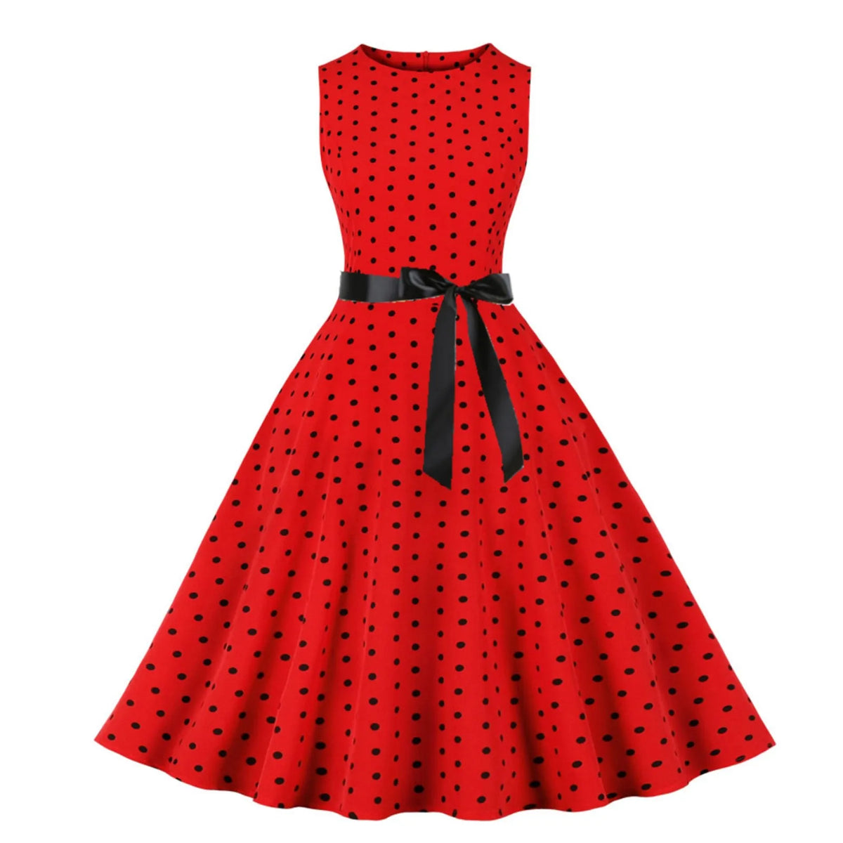 Retro Red and White Polka Dot Swing Dress with Black Waist Tie