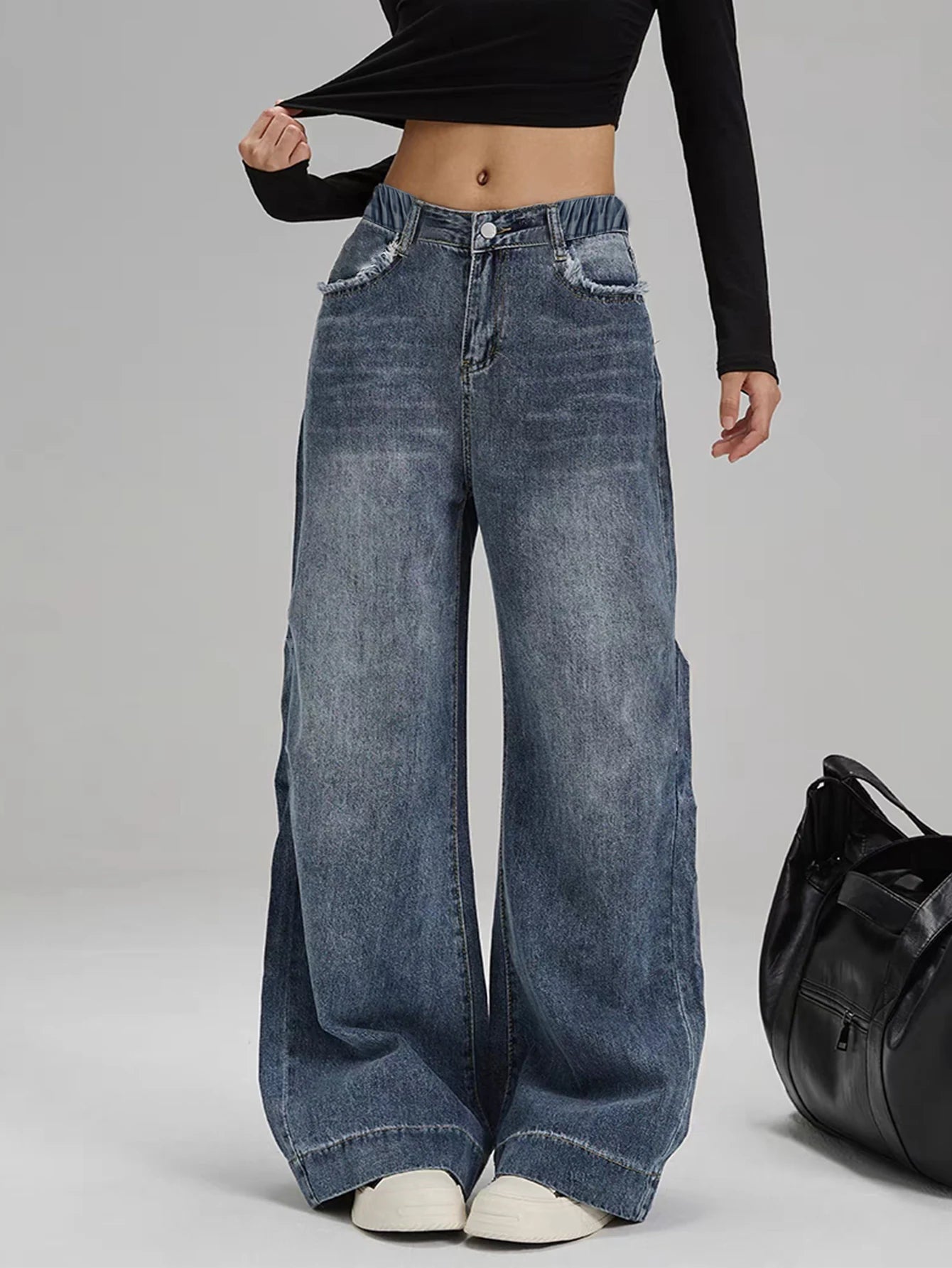 Women's Mid-Rise Loose Wide-Leg Straight Denim Jeans with Vintage Washed Everyday Casual Style