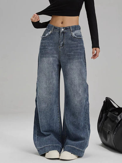 Women's Mid-Rise Loose Wide-Leg Straight Denim Jeans with Vintage Washed Everyday Casual Style