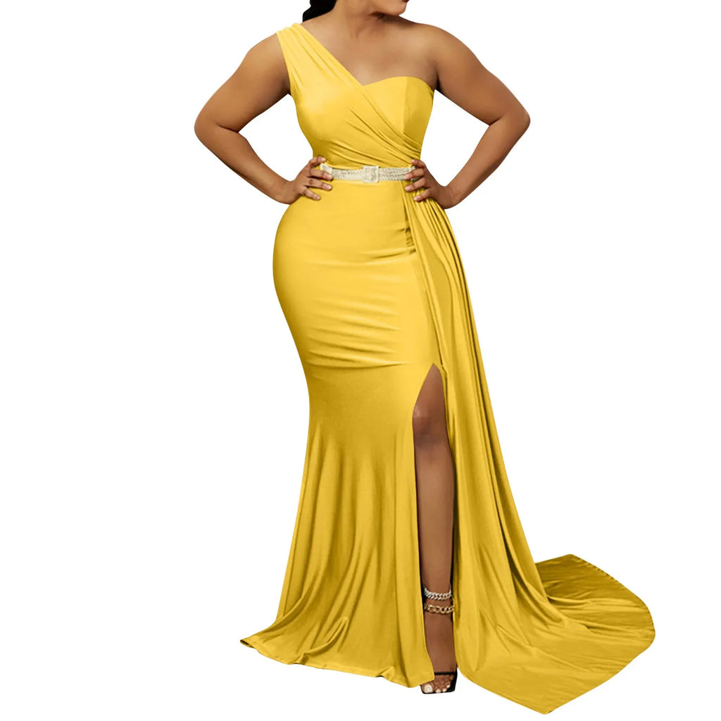 Vibrant Yellow One-Shoulder Evening Gown with Ruched Bodice and High Slit