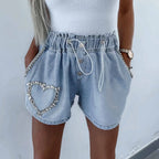 Women's High Waist Denim Style Shorts with Drawstring Waist and Decorative Stud Pocket Details