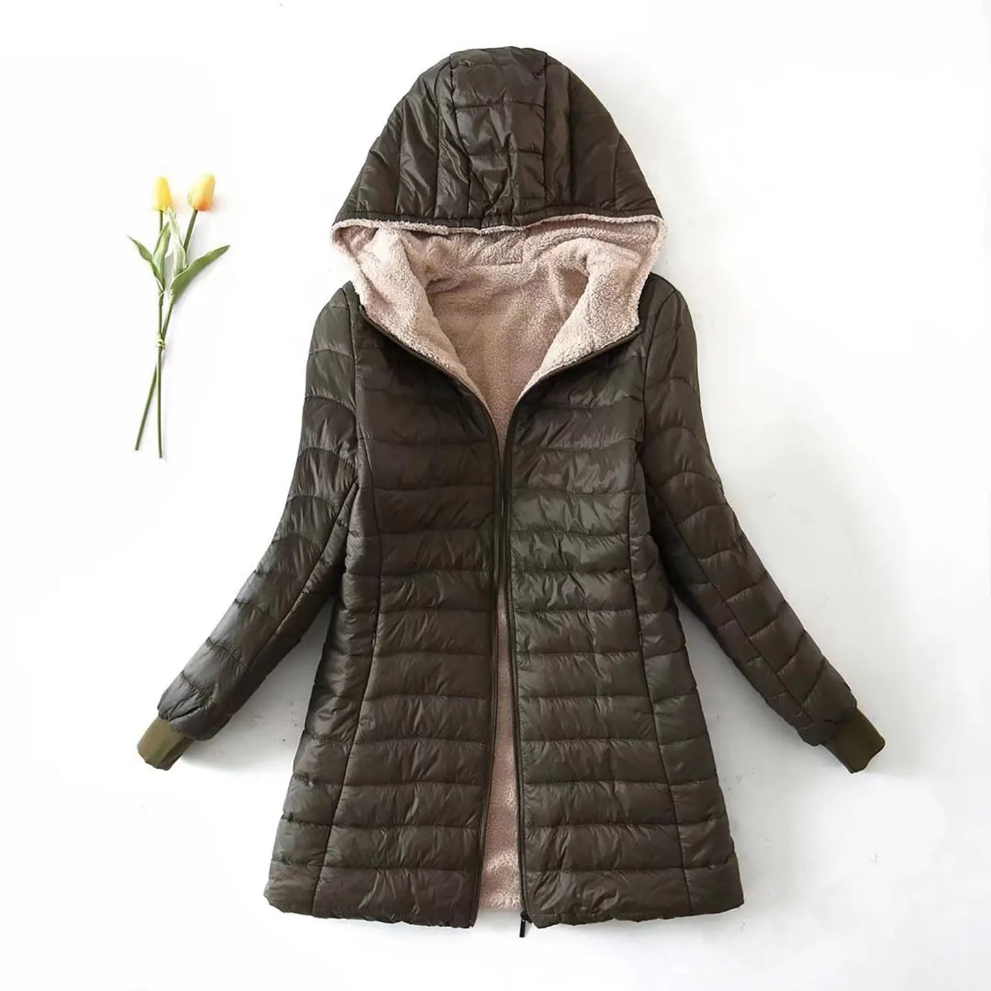 Women's Hooded Quilted Fleece Lined Zip Jacket for Warm Everyday Streetwear Layering