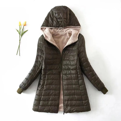 Women's Hooded Quilted Fleece Lined Zip Jacket for Warm Everyday Streetwear Layering