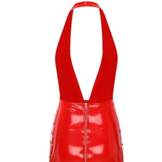 High-Gloss Halter Bodycon Mini Dress with Plunging V-Neckline