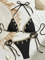 Earthy Olive Green Triangle String Bikini with Crochet and Shell Trim Details