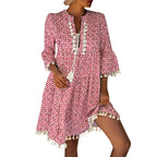 Relaxed Bohemian Tassel-Trimmed Shift Dress in Teal Geometric Print