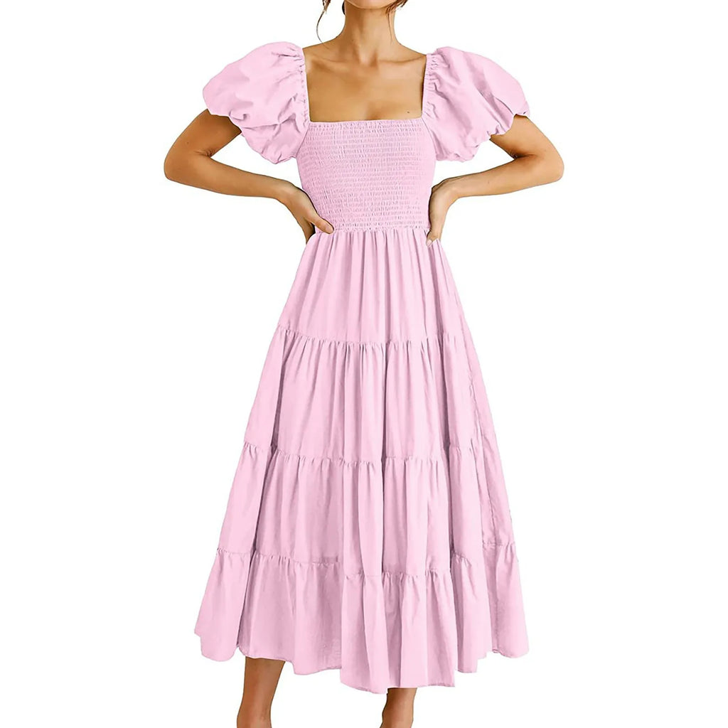 Square Neck Midi Dress with Puff Sleeves and Open Back Design